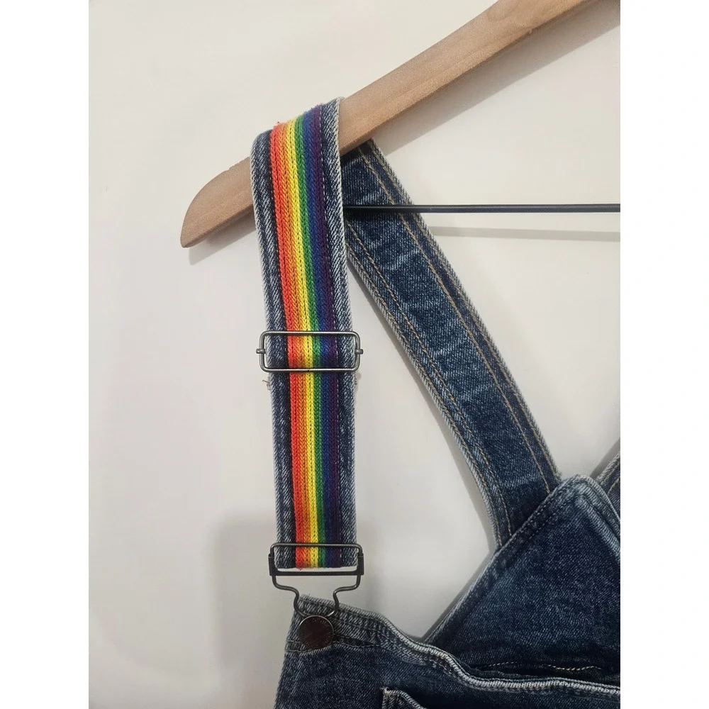 Lane Bryant Rainbow Strap Denim Boyfriend Overalls Shorts Distressed Blu Size 28 - Picture 2 of 9